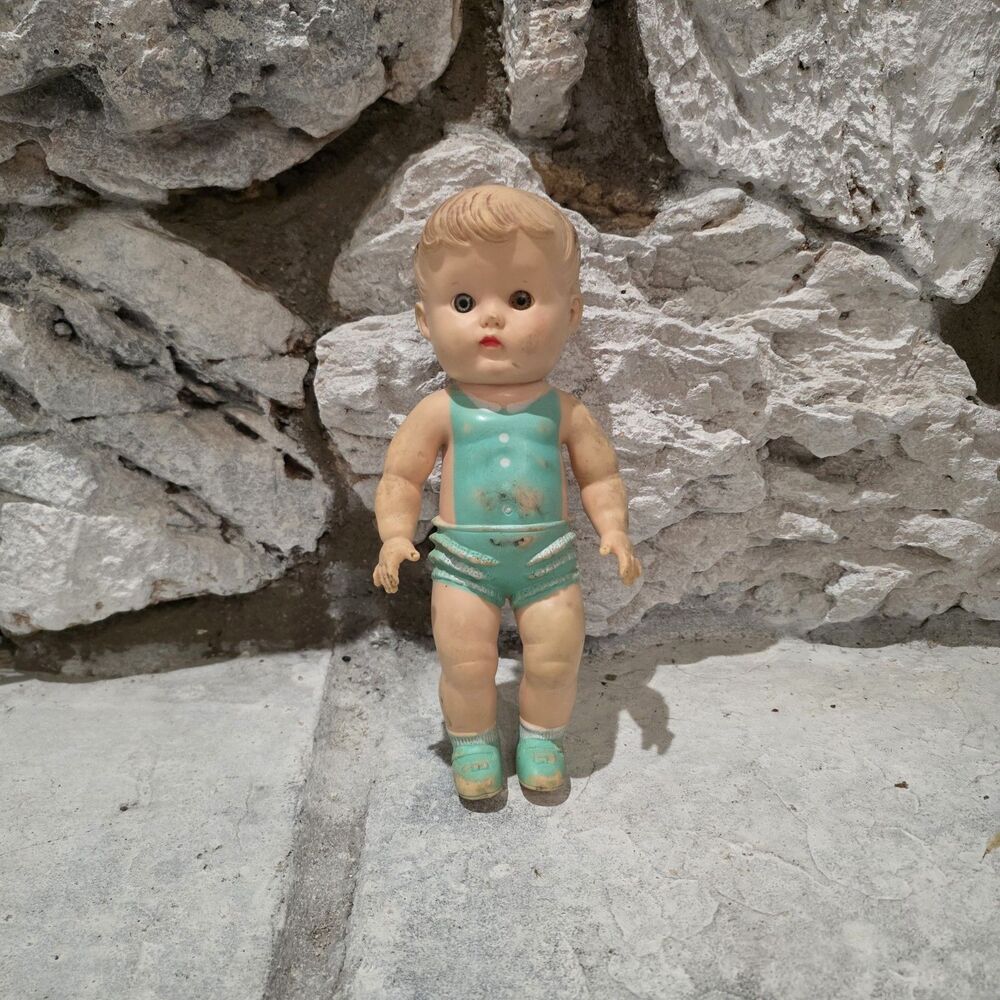 Vintage 1950’s 10” Doll With Squeaker Blue Bathing Suit - The Sun Rubber Company